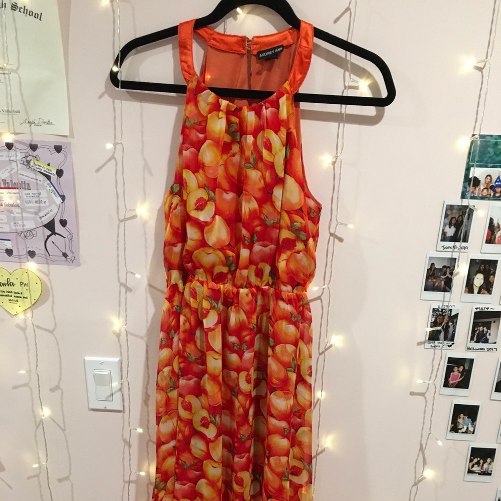 long peach patterned orange high neck dress